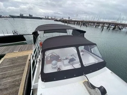 Kevin J praises Tecsew for excellent service and quality products including a new sprayhood, bimini, foredeck cushions, and backrests at Victoria Quay, Gosport.