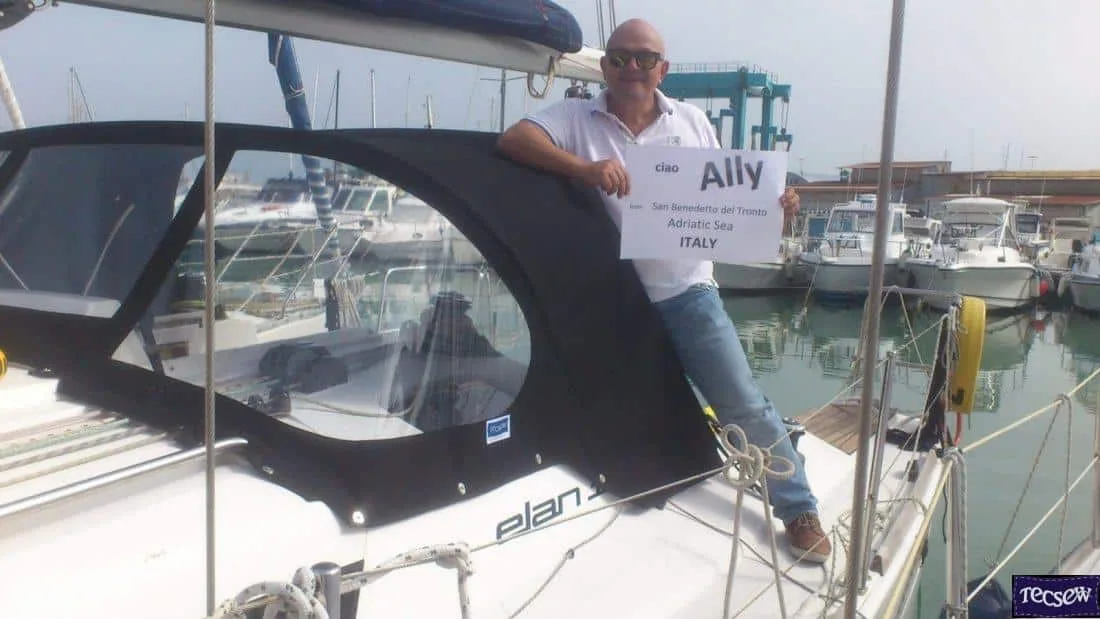 Elan 310 Sprayhood installed by a customer in Italy, provided by Tecsew on a self-fit basis.