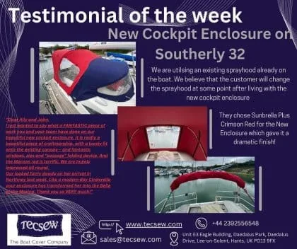 2009 Southerly sailboat with a new maroon Tecsew enclosure featuring three large windows, neatly folded above when not in use.