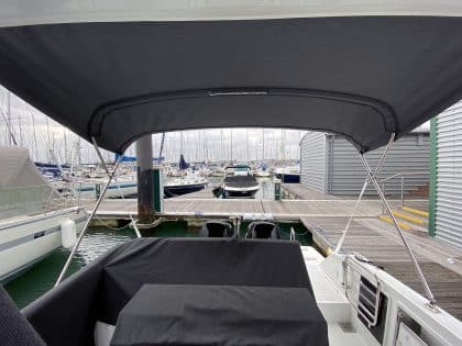 Andre B, owner of a Cap Camarat WA at Haslar Marina, praises Tecsew for their excellent service and quick installation of a new Bimini.