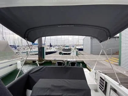 Andre B, owner of a Cap Camarat WA at Haslar Marina, praises Tecsew for their excellent service and quick installation of a new Bimini.