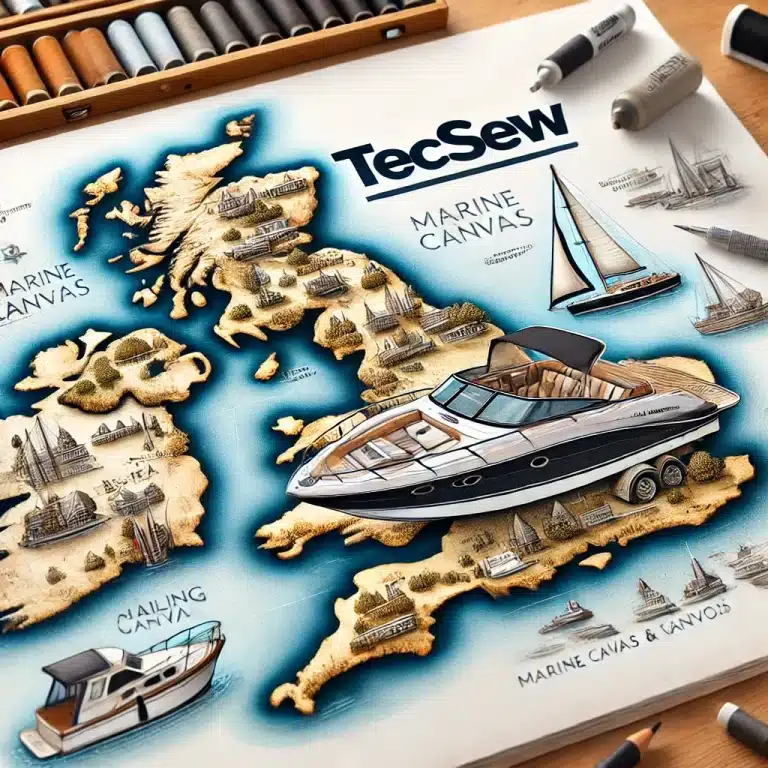 Map of the UK with Tecsew branding, highlighting major maritime locations and featuring illustrations of a motorboat and a sailing yacht.