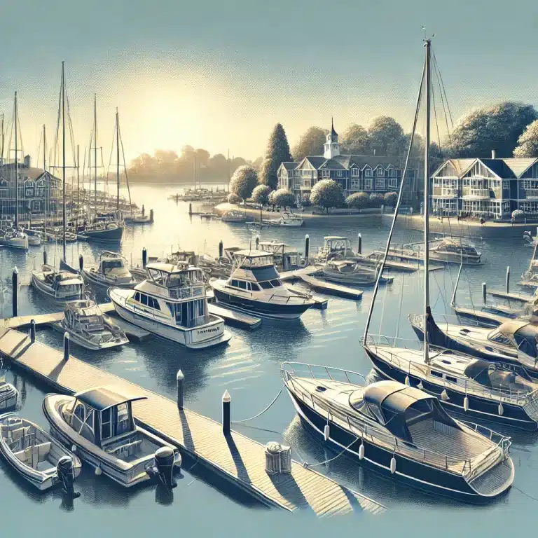 Scenic marina in Swanwick with high-quality sailboats and motorboats equipped with custom covers and marine canvas from Tecsew, reflecting the local essence under a clear, sunny sky.