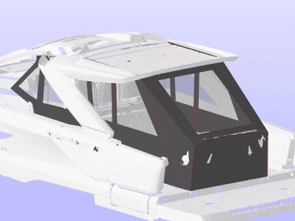 Jeanneau DB 37 with a full 3-part cockpit enclosure, showing enclosed forward and aft seating areas and clear side decks.