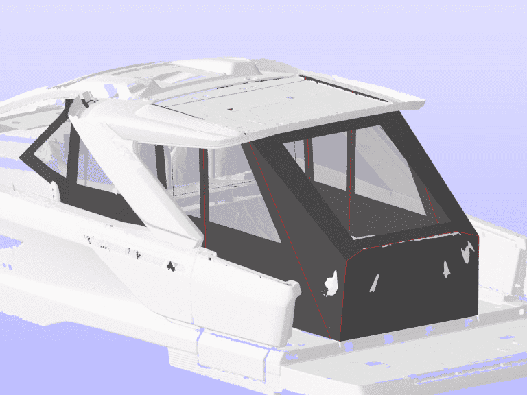 Jeanneau DB 37 with a full 3-part cockpit enclosure, showing enclosed forward and aft seating areas and clear side decks.