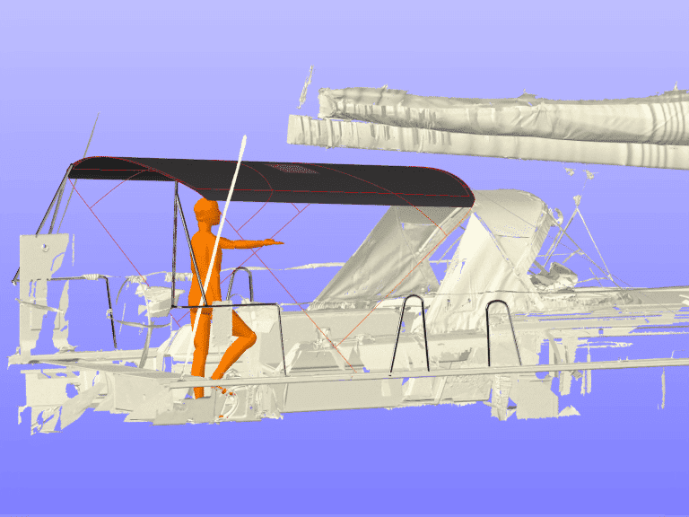 Dufour 41 with Tecsew’s standard bimini installed, featuring a polished stainless steel frame and durable Sunbrella fabric.
