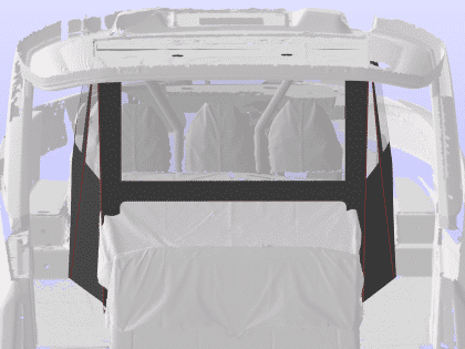 Jeanneau DB 37 with a full 3-part cockpit enclosure, showing enclosed forward and aft seating areas and clear side decks.