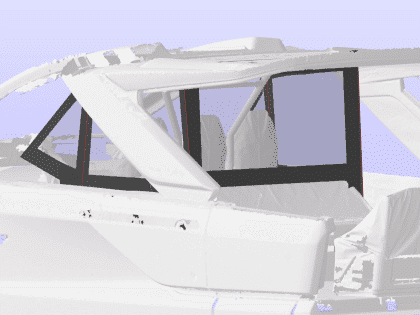 Jeanneau DB 37 with a full 3-part cockpit enclosure, showing enclosed forward and aft seating areas and clear side decks.