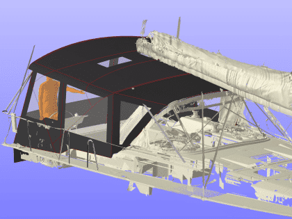 Dufour 41 with a fully installed bimini conversion-enclosure offering complete cockpit protection.