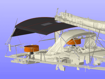 Dufour 41 with Tecsew’s standard bimini installed, featuring a polished stainless steel frame and durable Sunbrella fabric.