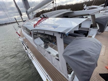 Moody 48DS Cockpit Enclosure Side Panels with Sunbrella fabric and weather-resistant zips.