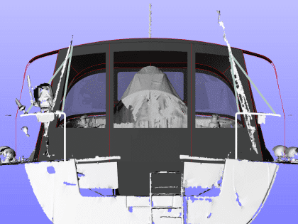 Hanse 400e bimini enclosure with Sunbrella fabric and clear windows, providing a fully enclosed cockpit.