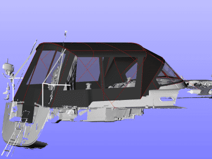 Hanse 400e bimini enclosure with Sunbrella fabric and clear windows, providing a fully enclosed cockpit.