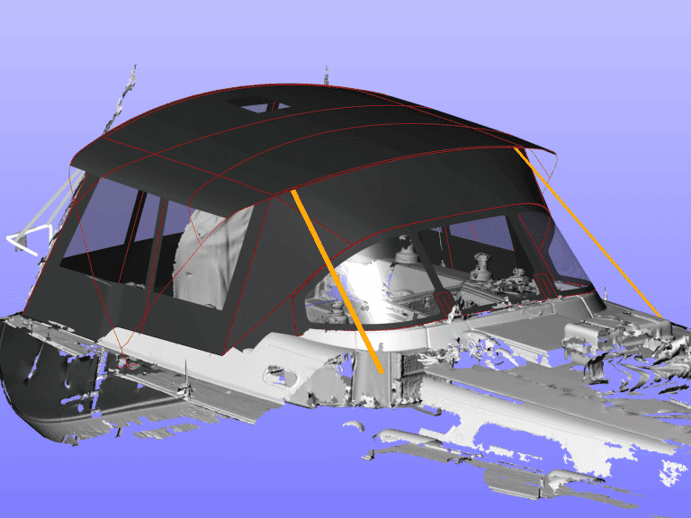 Hanse 400e bimini enclosure with Sunbrella fabric and clear windows, providing a fully enclosed cockpit.
