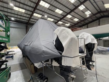 Protector 380 Targa with a Tecsew overall winter cover for all-weather protection.