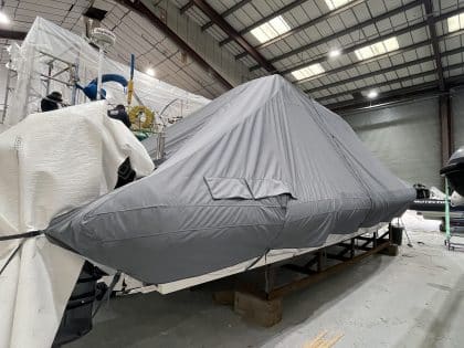 Protector 380 Targa with a Tecsew overall winter cover for all-weather protection.