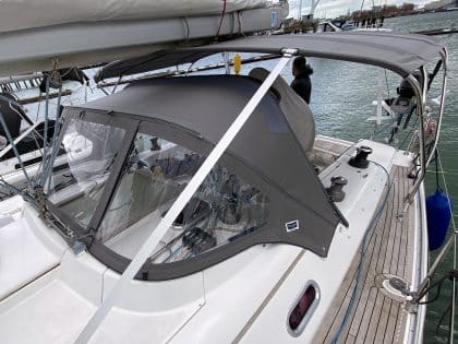 Hanse 400e bimini with stainless steel frame and durable marine-grade fabric for protection and style.