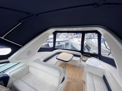 Sealine S34 replacement cockpit canopy for Vin Rouge in Sunbrella fabric with custom fit.