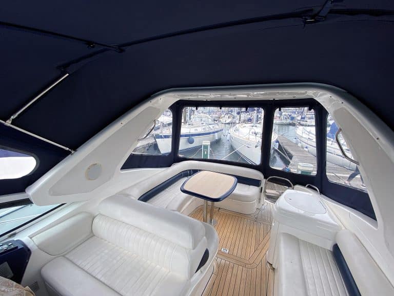 Sealine S34 replacement cockpit canopy for Vin Rouge in Sunbrella fabric with custom fit.