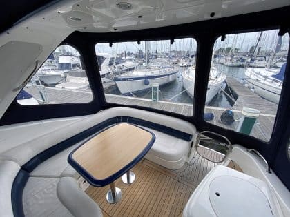 Sealine S34 replacement cockpit canopy for Vin Rouge in Sunbrella fabric with custom fit.