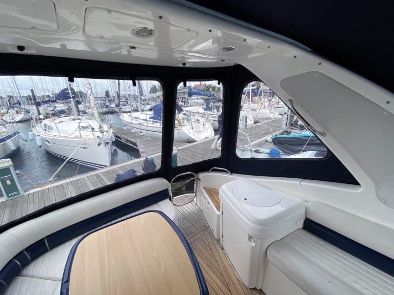 Sealine S34 replacement cockpit canopy for Vin Rouge in Sunbrella fabric with custom fit.