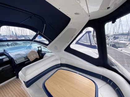 Sealine S34 replacement cockpit canopy for Vin Rouge in Sunbrella fabric with custom fit.
