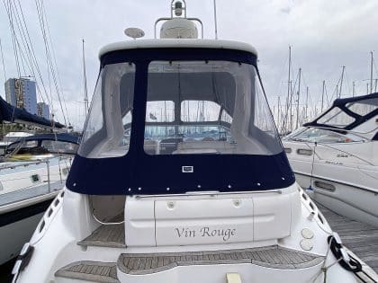 Sealine S34 replacement cockpit canopy for Vin Rouge in Sunbrella fabric with custom fit.