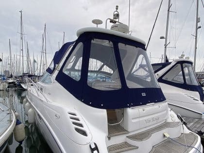 Sealine S34 replacement cockpit canopy for Vin Rouge in Sunbrella fabric with custom fit.