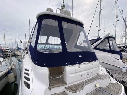 Sealine S34 replacement cockpit canopy for Vin Rouge in Sunbrella fabric with custom fit.