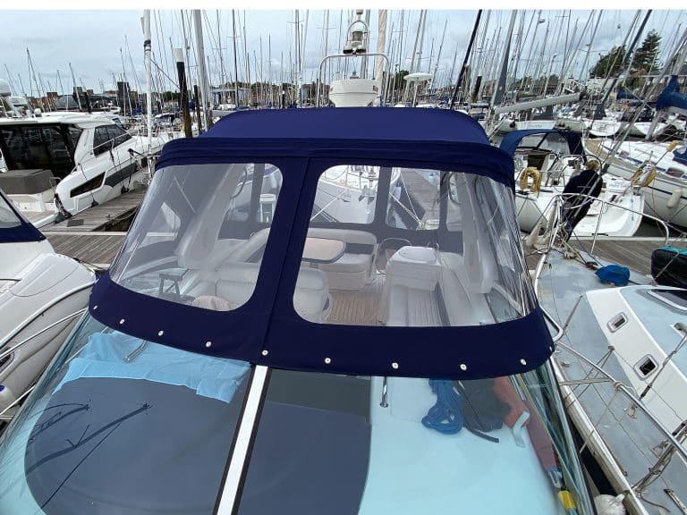 Sealine S34 replacement cockpit canopy for Vin Rouge in Sunbrella fabric with custom fit.