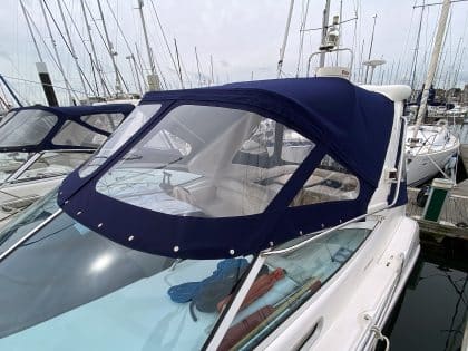 Sealine S34 replacement cockpit canopy for Vin Rouge in Sunbrella fabric with custom fit.