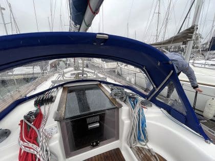 Sprayhood recover for Dufour 38 Classic, featuring Sunbrella fabric and crystal-clear windows for durability and visibility.