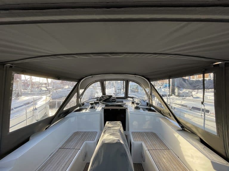 Bavaria C38 Bimini Conversion with Sunbrella fabric, Renolit windows, and weather-resistant zips.