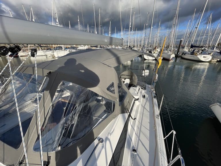 Bavaria C38 Short 3-Bar Bimini integrated with Tecsew’s Bimini Conversion for enhanced functionality.
