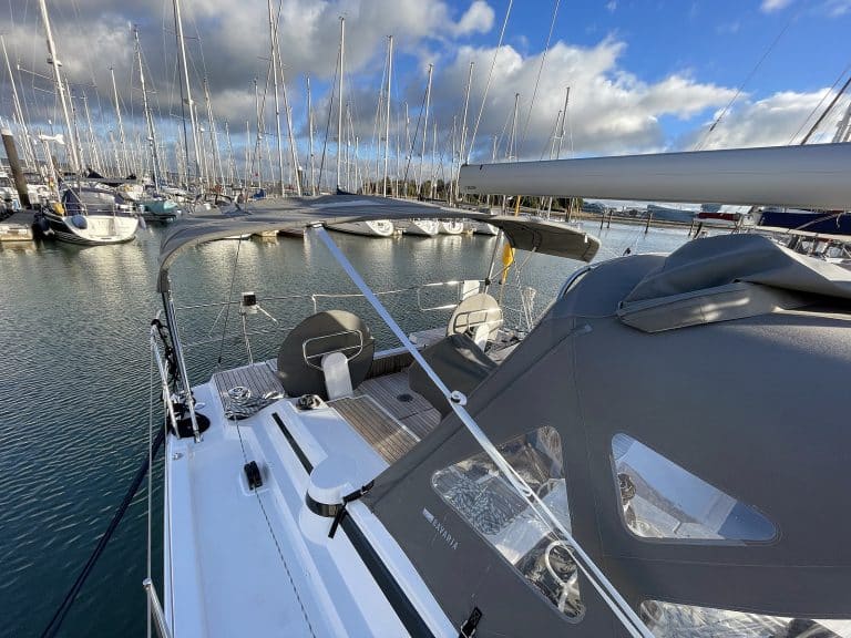 Bavaria C38 Short 3-Bar Bimini integrated with Tecsew’s Bimini Conversion for enhanced functionality.