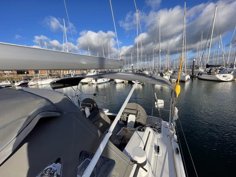 Bavaria C38 Short 3-Bar Bimini integrated with Tecsew’s Bimini Conversion for enhanced functionality.