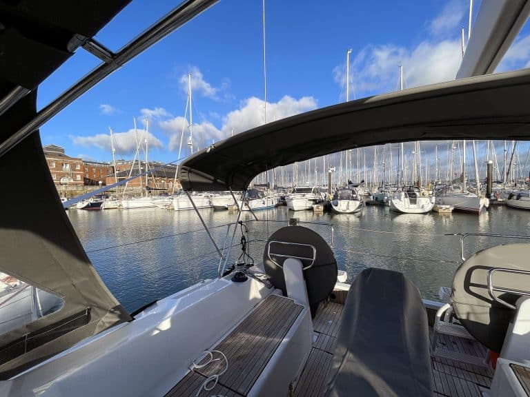 Bavaria C38 Short 3-Bar Bimini integrated with Tecsew’s Bimini Conversion for enhanced functionality.
