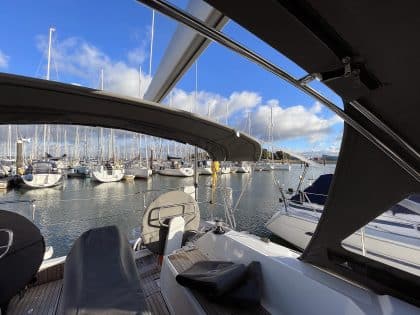 Bavaria C38 Short 3-Bar Bimini integrated with Tecsew’s Bimini Conversion for enhanced functionality.