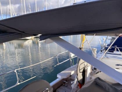 Bavaria C38 Short 3-Bar Bimini integrated with Tecsew’s Bimini Conversion for enhanced functionality.